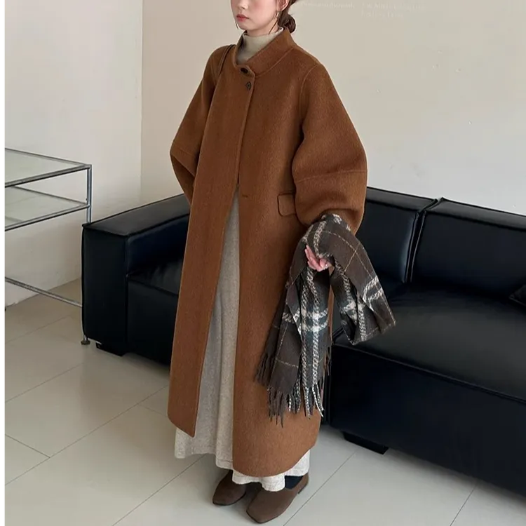 2025年韩版赫本风立领加长双面羊毛大衣女中长款显瘦加厚毛呢外套