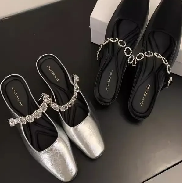 气质方头平底水钻玛丽珍鞋2026年春秋气质仙女风内增高浅口包头拖