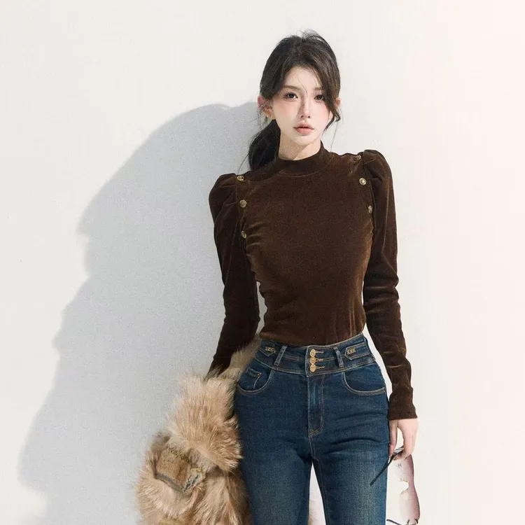 GUIDI GUDI【漫花季】时尚渐变纽扣长袖/黄加蓝  