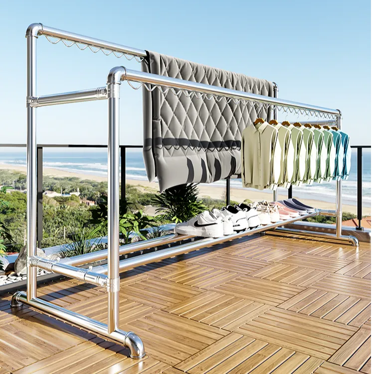 镀锌钢管晾衣架高低落地户外室外双杆水管晒被家用阳台挂衣凉衣架