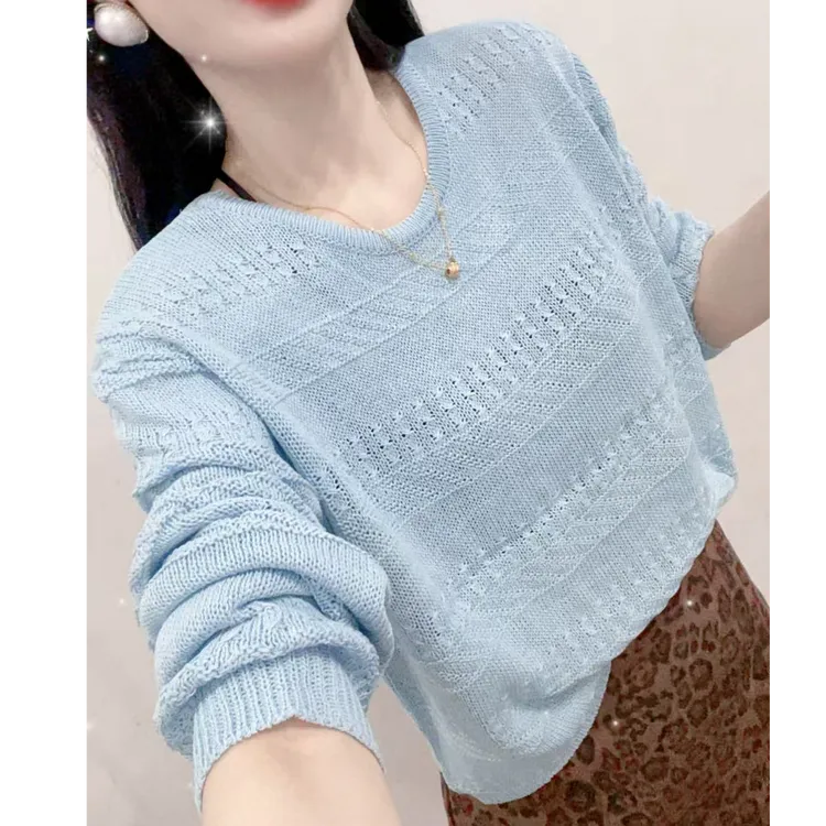 7883女针织上衣百搭毛针织衫宽松小众镂空圆领长袖洋气