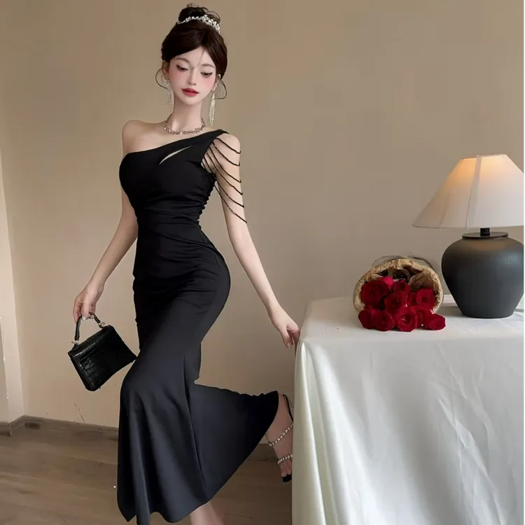 夜总店女装性感斜肩流苏露背紧身包臀开叉长裙礼服夜场工作服夏女