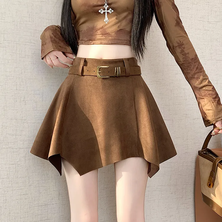 美拉德风不规则咖啡色麂皮绒a字短裙新款2025秋冬季辣妹半身裙子