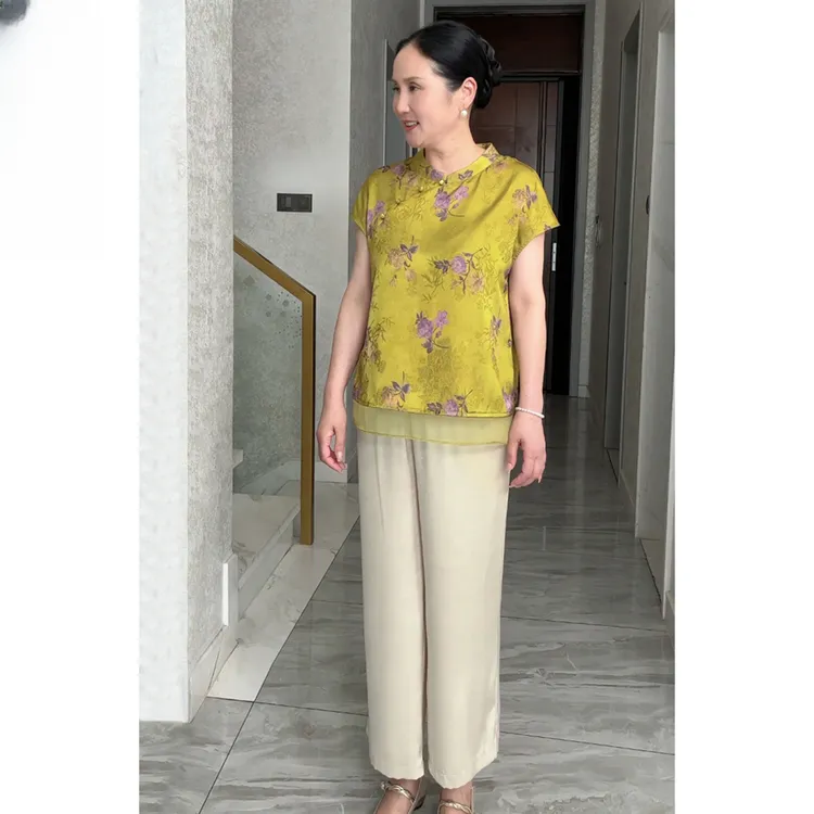 2025夏季薄款气质洋气中老年女装中式印花复古旗袍民族风立领上衣