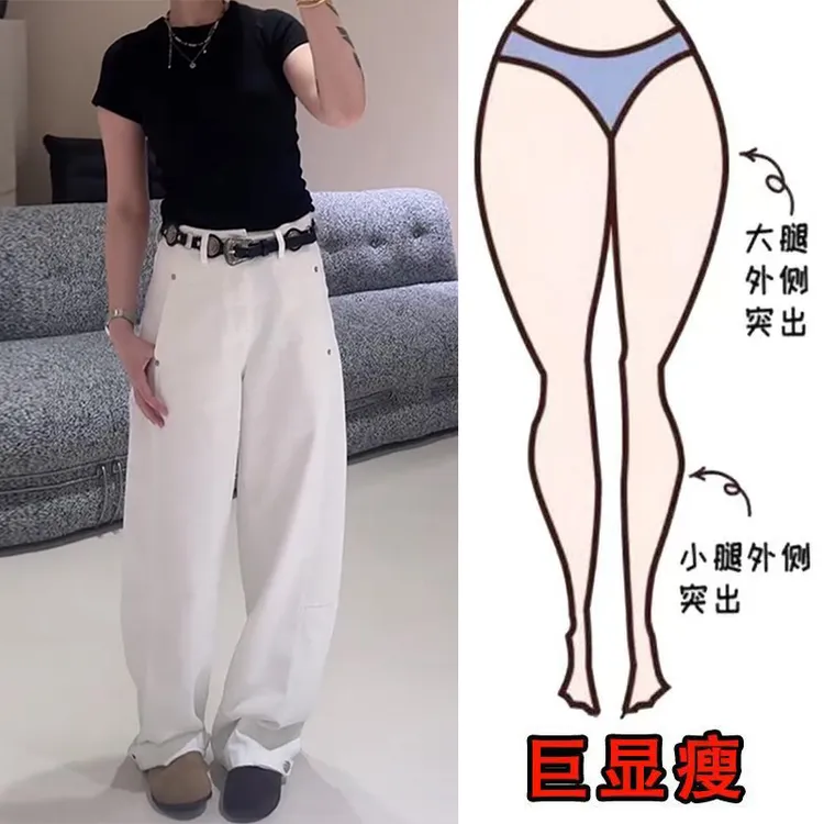 早秋新款时尚慵懒风窄版个性遮肉显瘦高腰休闲百搭宽松阔腿牛仔裤