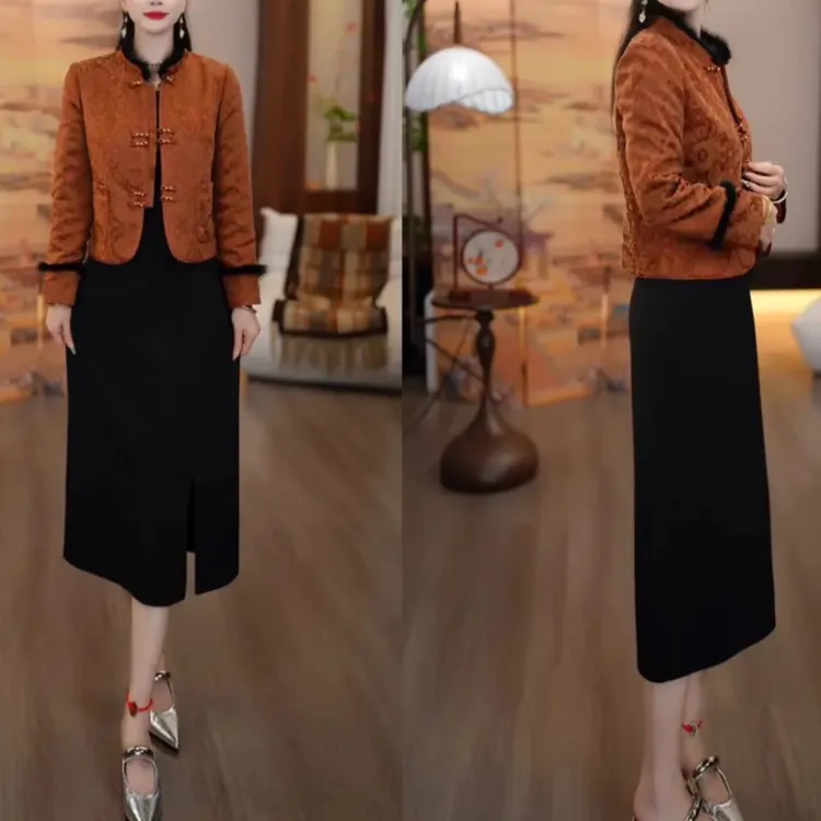 2025秋款新中式烛影摇红暗纹提花外套+黑色连衣裙两件套M-4XL