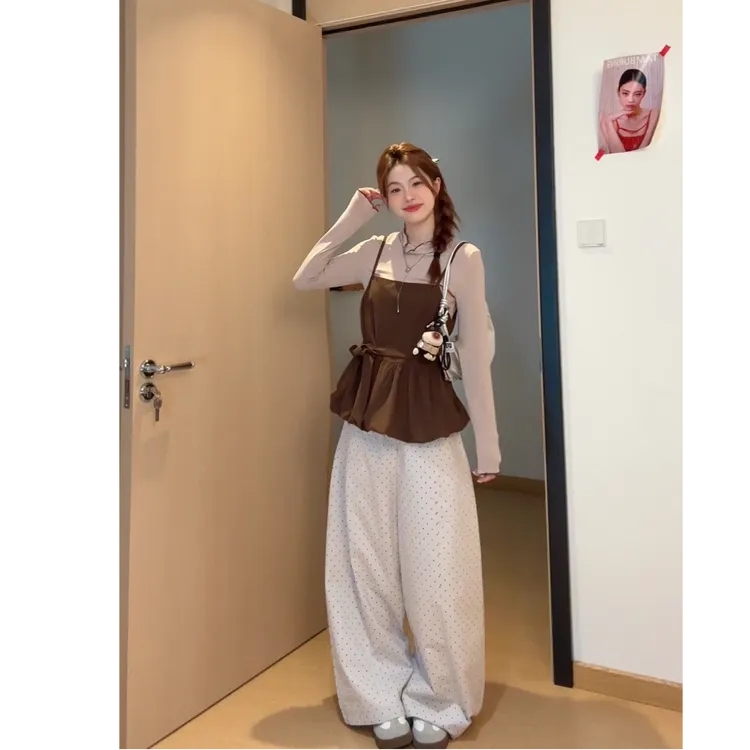 撞色木耳边打底小衫+灯芯绒宽松后绑带背心L1712+ L1713