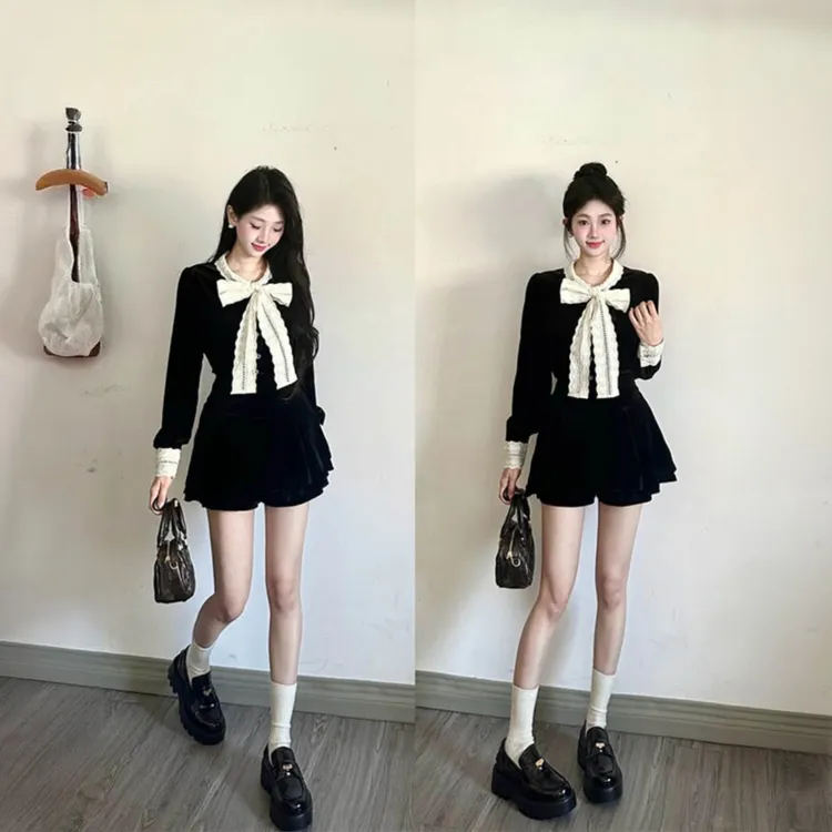 赫本千金感小香风黑色丝绒蝴蝶结衬衫上衣高级两件套装裙冬小个子