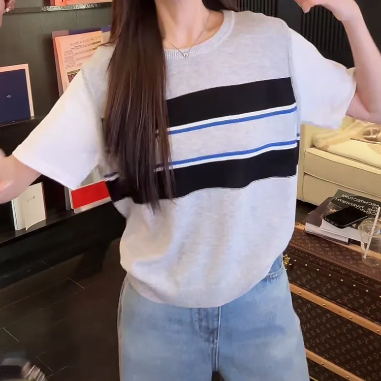 莱赛尔+亚麻 撞色假两件条纹T恤2025夏季新款宽松休闲松弛感上衣