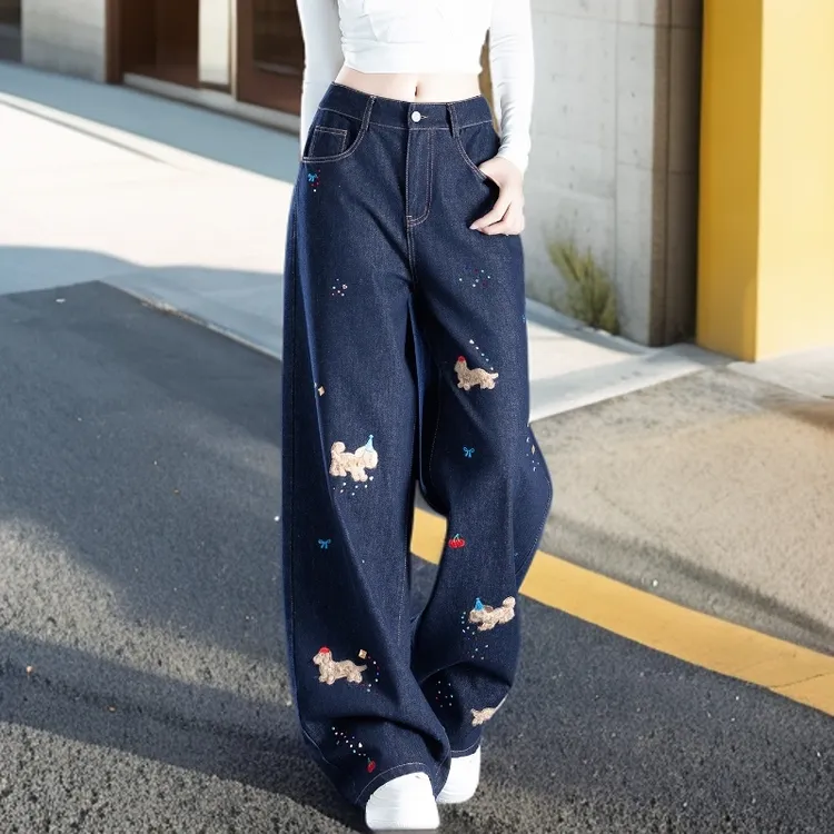 烫钻卡通刺绣设计感阔腿牛仔裤女爆款2025新款秋季高腰显瘦直筒裤