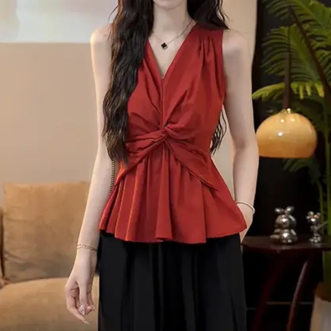 时尚法式休闲设计感扭结V领衬衫女2025设计感宽百搭气质显瘦减龄