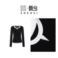 【ZHENXI甄兮】“叠穿秘诀”复古假两件撞色双层领修身上衣DJN9126