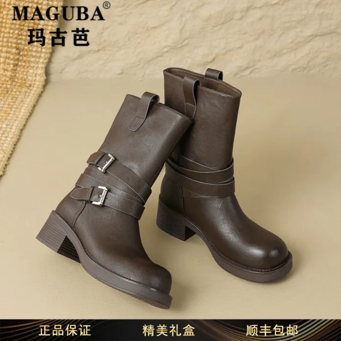 玛古芭女鞋厚底增高防滑中筒骑士马丁靴女新款秋季时尚美拉德短靴