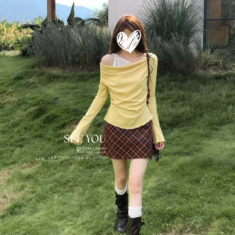 纯欲风露肩设计感法式蕾丝拼接荡领假两件小衫长袖+半身裙260