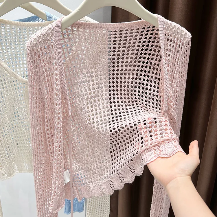 粉色深圆领长袖镂空针织开衫女2025夏季新款防晒披肩宽松短款上衣