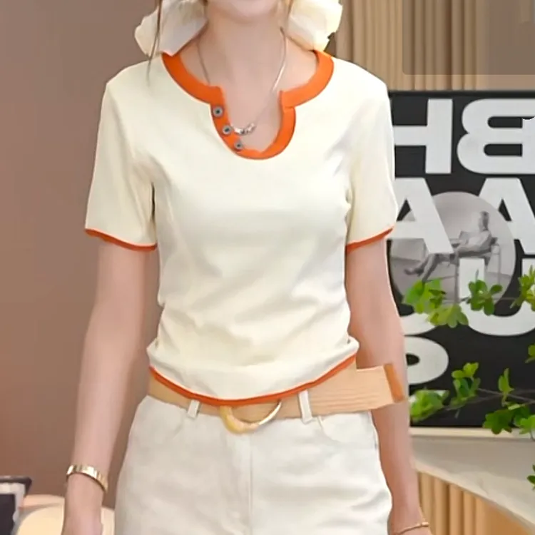 设计感小U领撞色包边修身短袖T恤女2025新款夏季休闲百搭时尚上衣