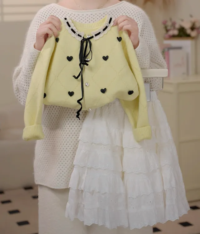 欧若风童装~2025春季韩版女童嫩黄色毛衣刺绣蕾丝裙套装时尚