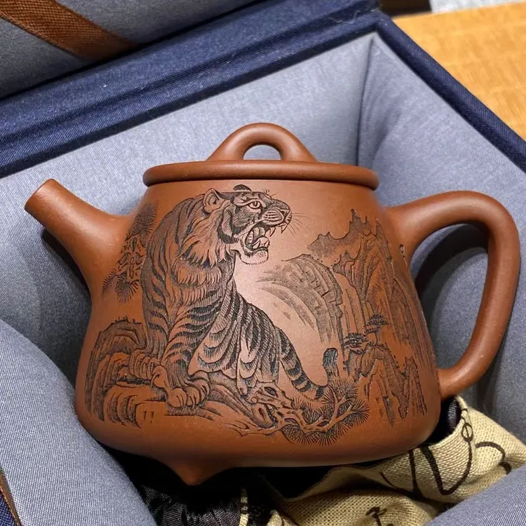 杨喜雨老师刻绘高石瓢壶250cc原矿底槽清泥料宜兴紫砂壶工笔画