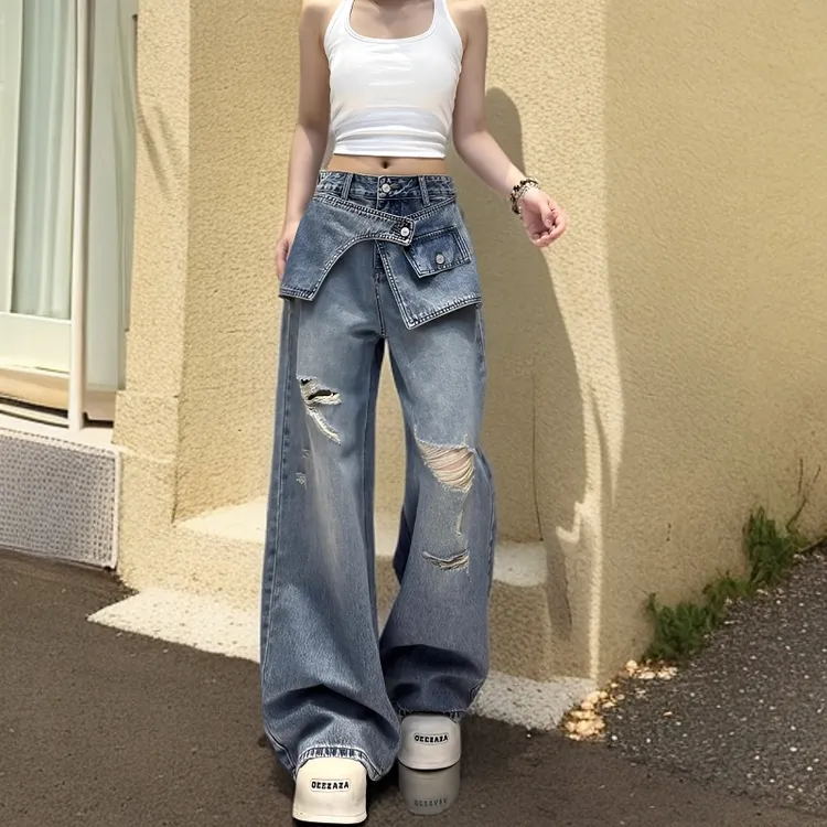 破洞牛仔裤女夏季早秋显瘦宽松美式直筒2025炸街美式裤子阔腿裤