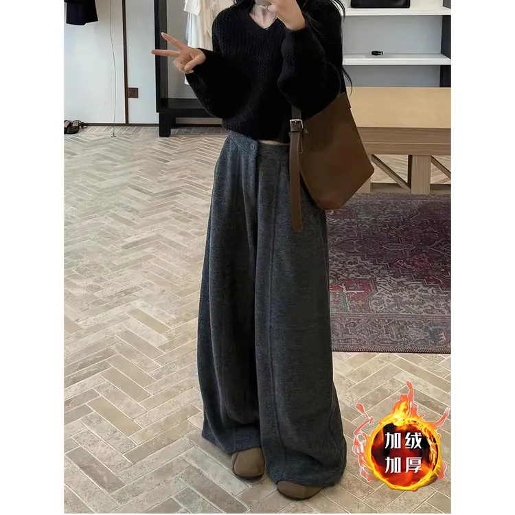 秋冬季韩版毛呢休闲裤梨型身材显瘦慵懒风纯色百搭阔腿裤高腰裤子