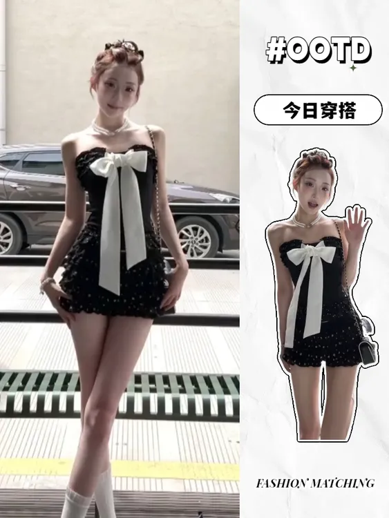 法式蝴蝶结拼接抹胸上衣套装女夏2025新款荷叶边裙裤两件套607-4