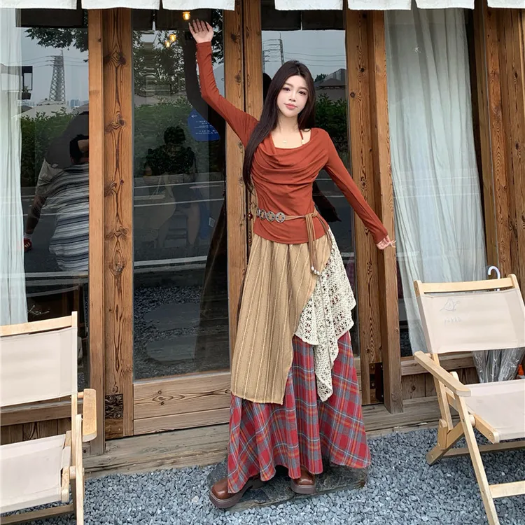 大西北新疆川西云南旅游韩系早秋穿搭内蒙古拍照挂脖连衣裙子套装