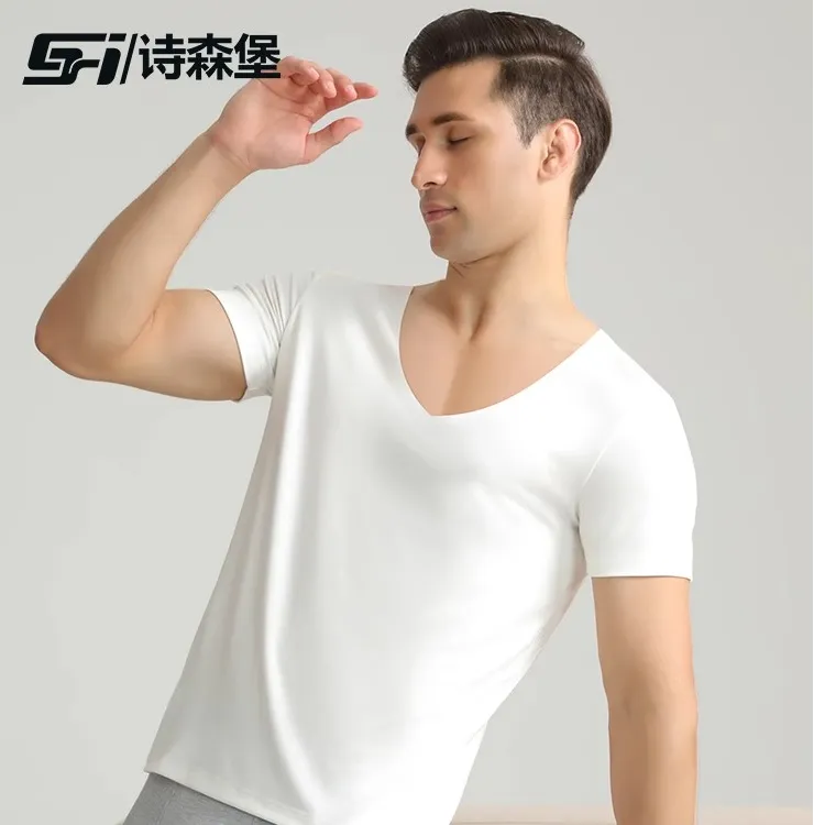 100S莫代尔短袖T恤男士无痕打底衫休闲内穿夏季中老年冰丝睡衣