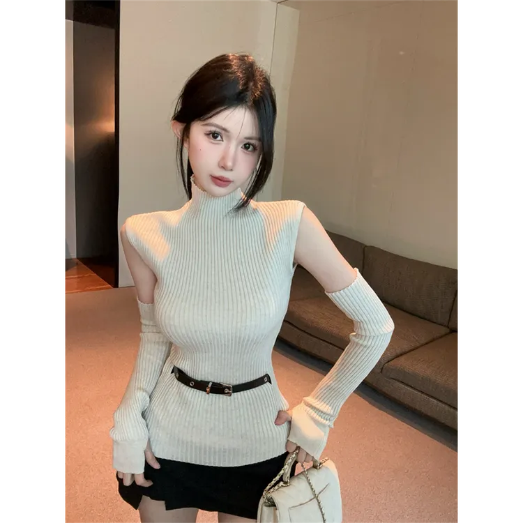 秋款设计感高领无袖拼接修身显瘦毛衣辣妹可脱袖套头打底T恤长袖
