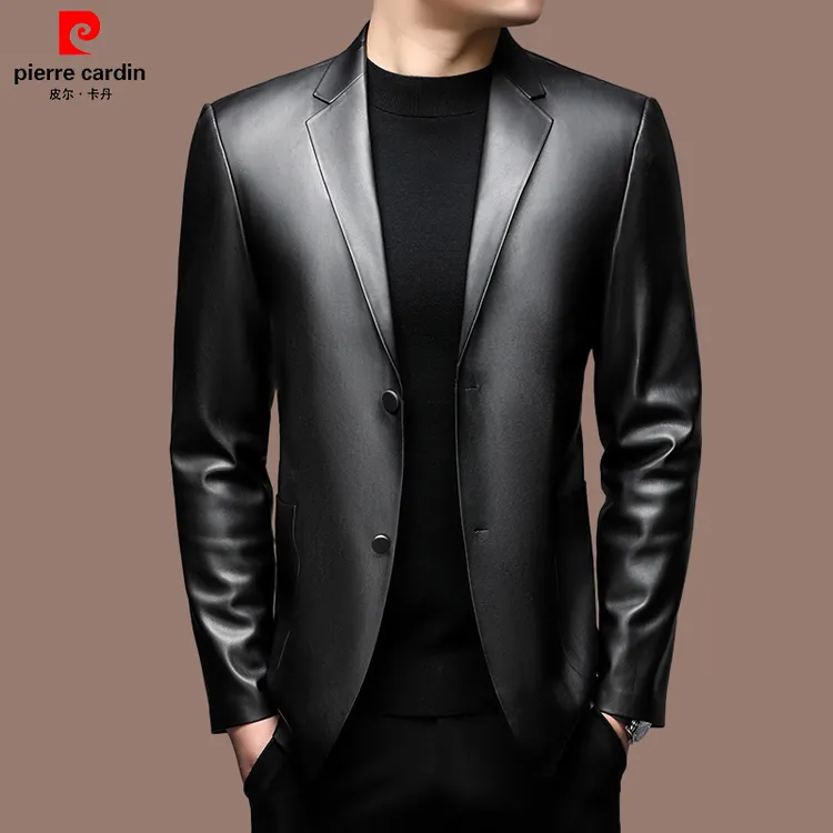 皮尔卡丹 品牌男士皮衣高档时尚皮夹克西装领春秋休闲气质外套潮