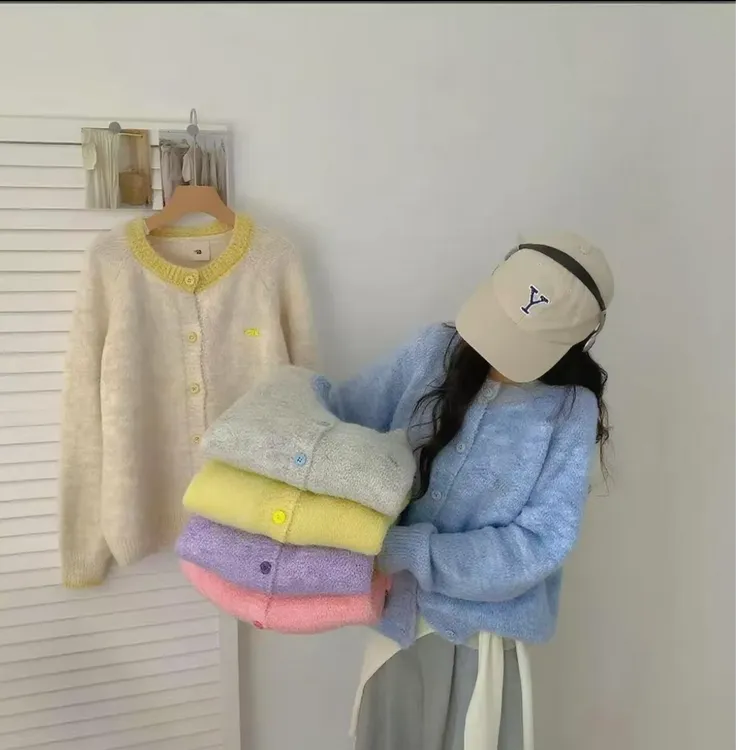 2025撞色韩系复古针织开衫女秋季新款设计感小众百搭软糯毛衣外套