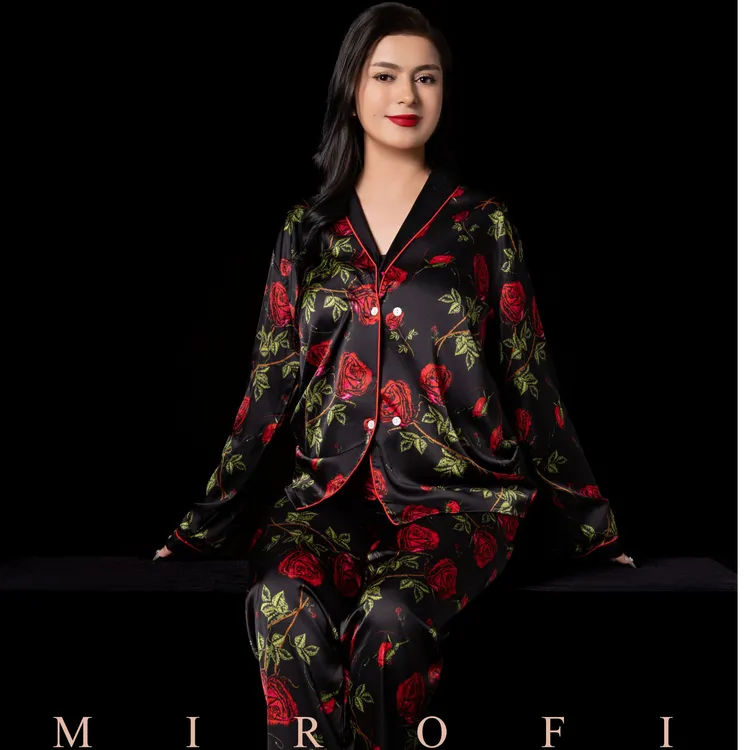 [MIROfI]玫瑰印花家居服套装常规翻领套装睡衣服装长裤大码春秋