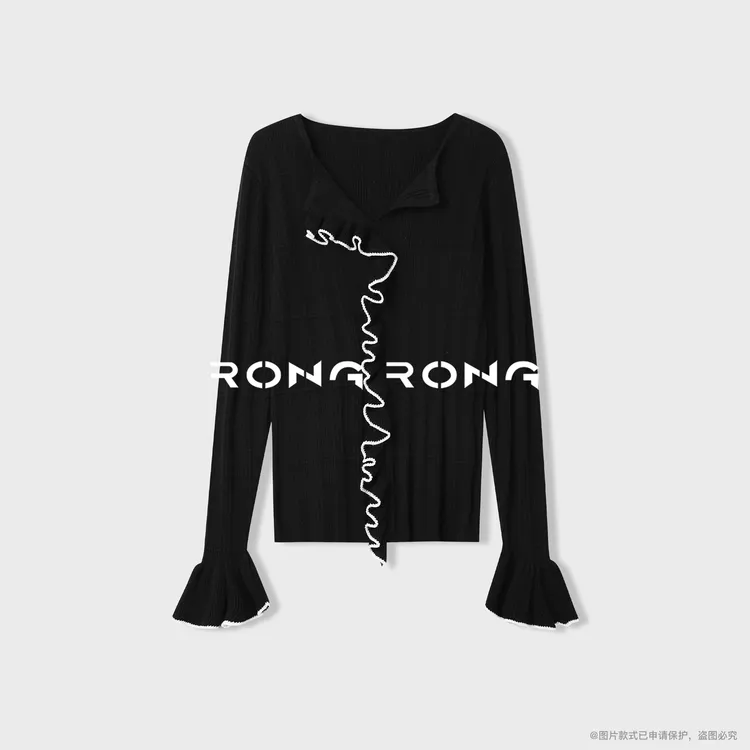 溶溶S【柔美浪漫】RONGRONG 桑蚕丝羊毛混纺荷叶边针织衫2505H800