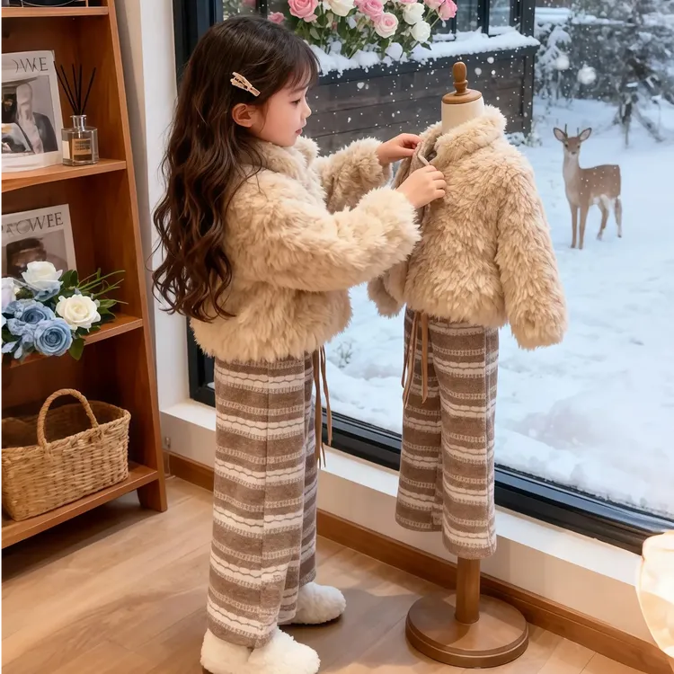 女童冬款毛毛衣套装新款儿童韩版软糯毛茸茸外套加绒阔腿裤两件套