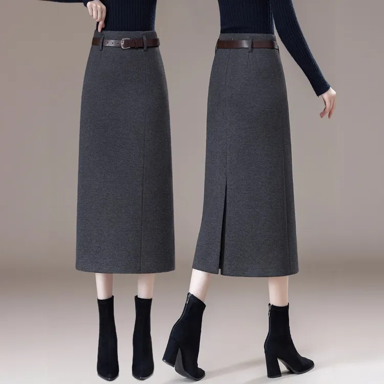 羊毛呢半身裙女士秋冬2025新款气质高腰中长款开叉a字包臀一步裙