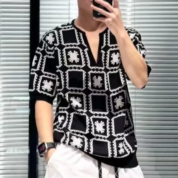 夏季新款奢华男士针织提花时尚潮流休闲百搭V领格子冰感舒适T恤衫