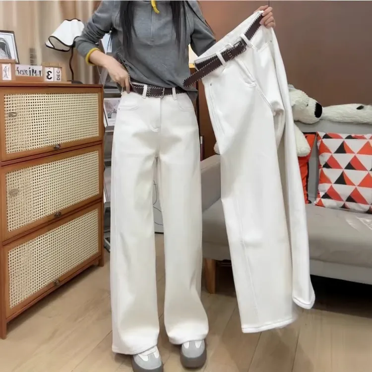 米白色时髦窄版直筒牛仔裤女秋冬新款加绒大码胖mm高腰显瘦阔腿裤