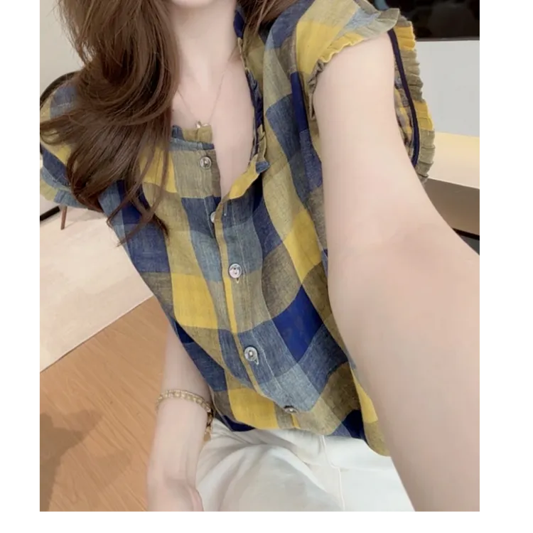 洋气休闲格子背心衬衫时尚无袖衬衣女2025年夏季新款防晒衬衣