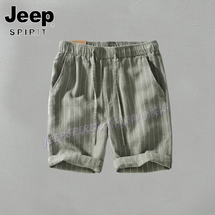 Jeep吉普竖条纹亚麻短裤男夏季薄款透气五分裤棉麻日系复古直筒裤