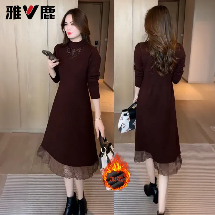 雅鹿加绒加厚针织内搭连衣裙秋冬季新款中长款显瘦打底裙