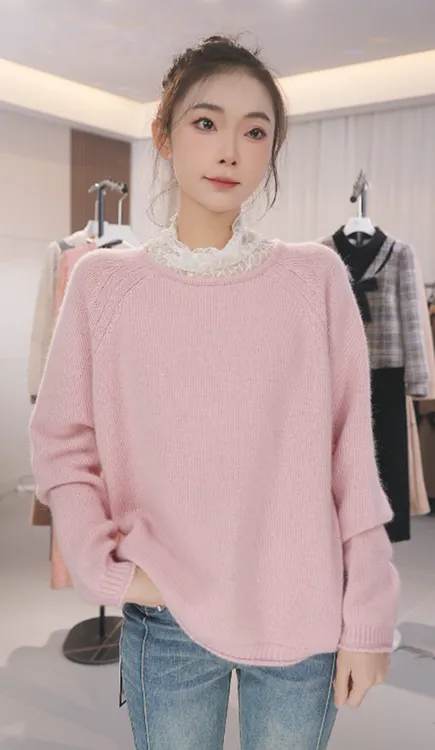 欧洲站蕾丝拼接高领绵羊毛针织衫女新款时尚宽松百搭毛衣假两件