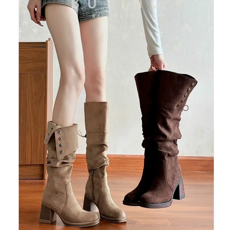 两穿靴子女款爆款2025新款褶皱堆堆靴长筒靴粗跟厚底不过膝长靴