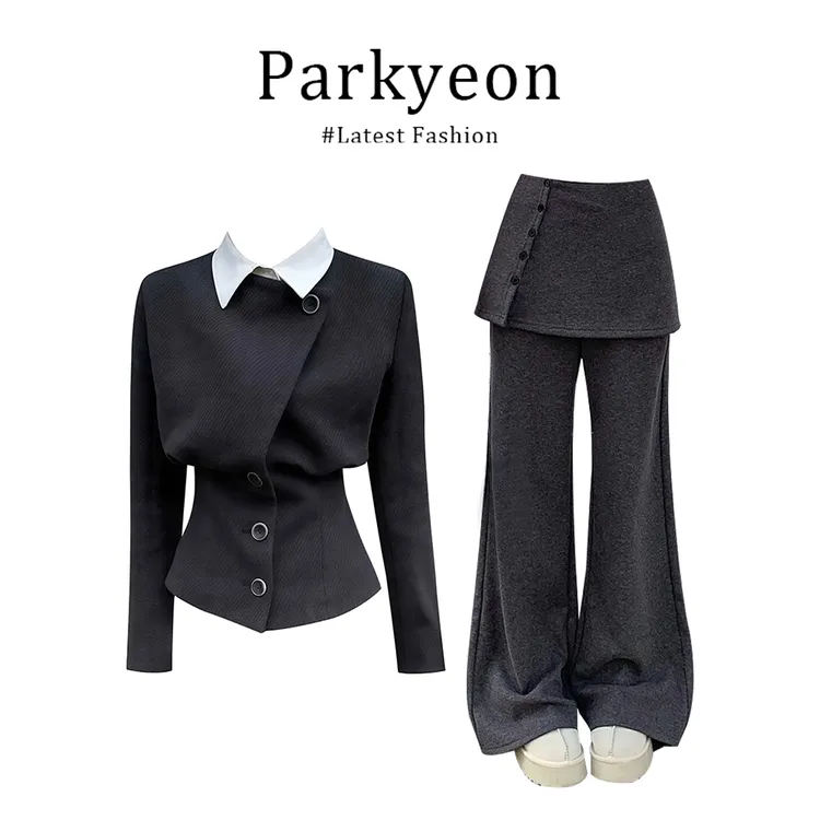 高级感气质短款毛呢外套时尚冬季套装假两件修身休闲裤