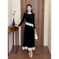 LiLi李李家【黑天鹅】法式精致风黑色丝绒撞色连衣裙XMZH9020