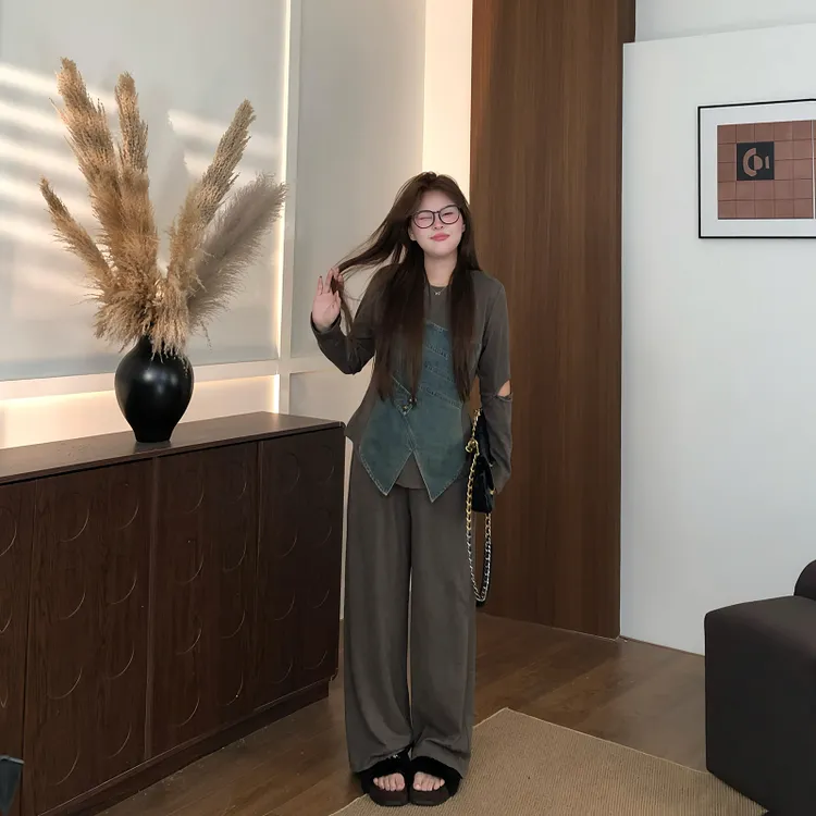 盈盈&南岛风大码女装拼接牛仔长袖上衣胖mm显瘦长裤套装ZYY2173
