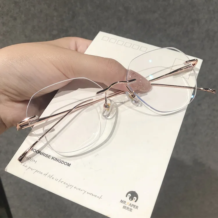 超轻无边框眼镜纯钛女配近视散光度数方圆脸素颜简约修饰脸型百搭