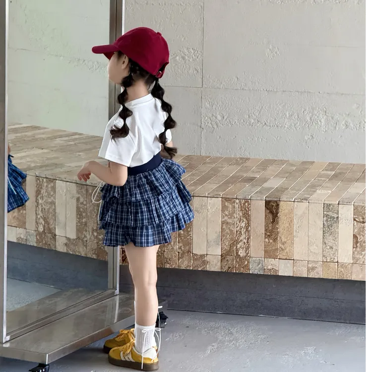 壹妈韩版女童洋气套装夏季儿童白色短袖T恤上衣蓝色格子百褶裙