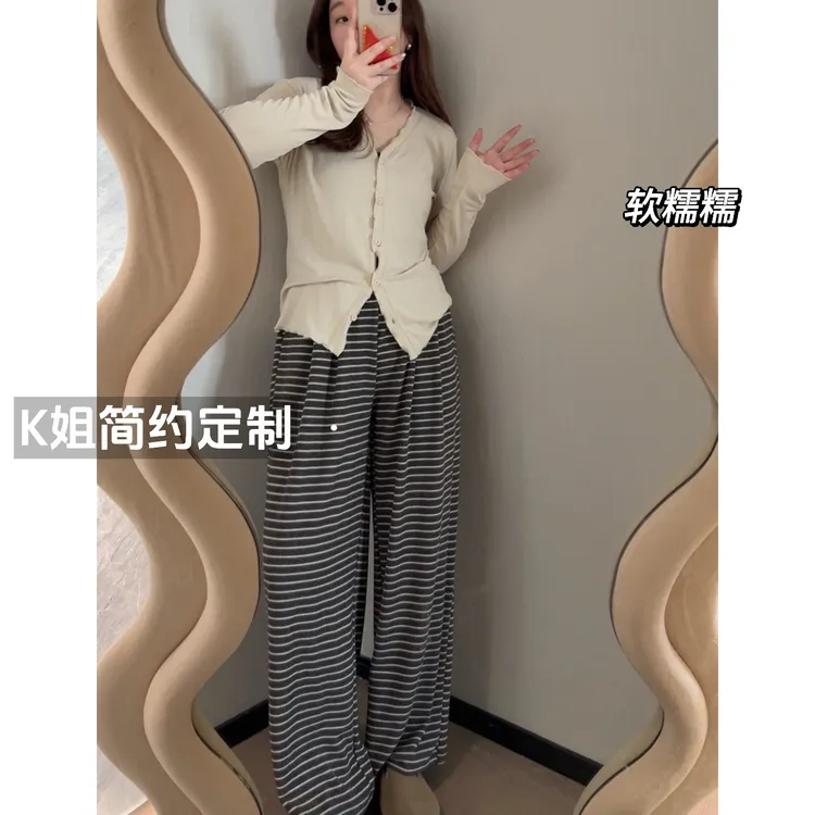GTNER“KK定制”女春季新款简约宽松高腰直筒软糯糯条纹休闲裤S1079