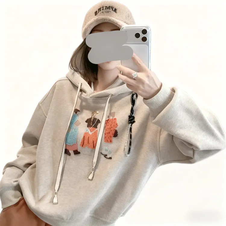 2025秋冬新款重工刺绣加绒圆领卫衣女洋气显瘦小个子帽衫保暖上衣