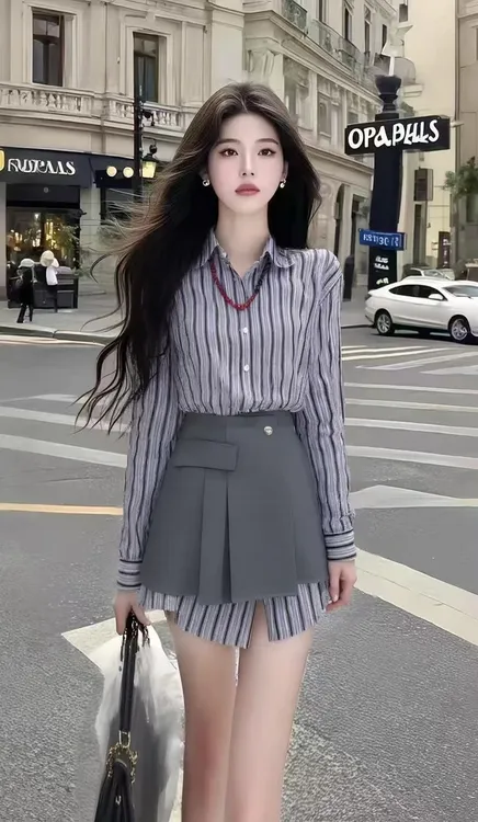  条纹辣妹衬衫性感小众半身裙女两件套甜美小清新显瘦氛围感新款