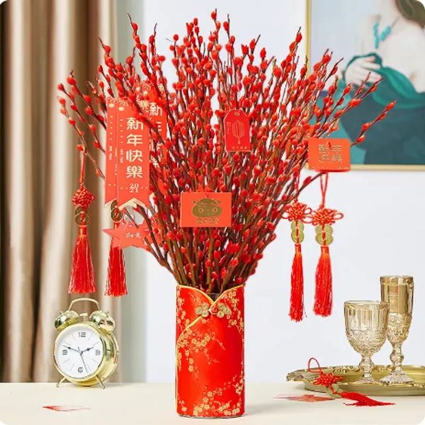银柳真花鲜枝干花摆件室内水培绿植物新年红福桶招财年宵花卉盆栽